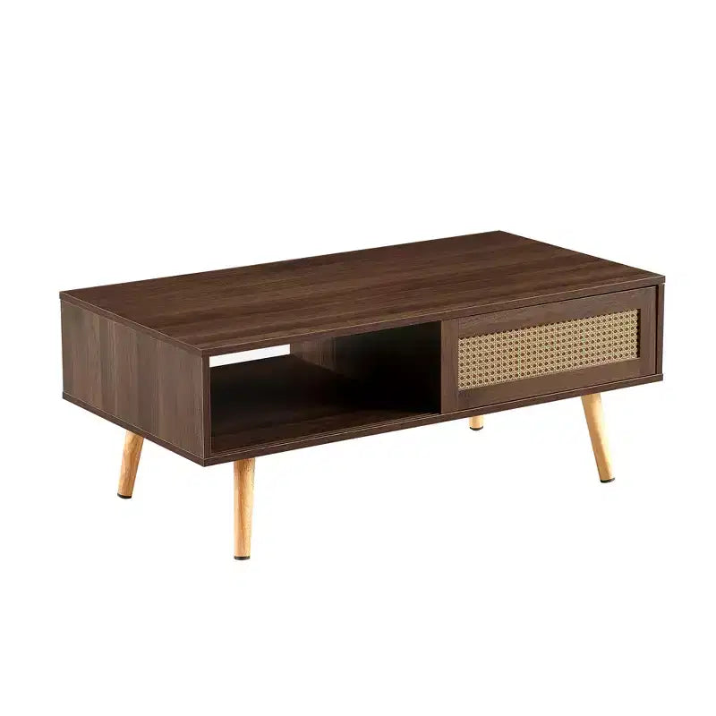 Tavolino in rattan da 41,34 pollici, anta scorrevole per riporre oggetti, gambe in legno massello, tavolo moderno per soggiorno, noce