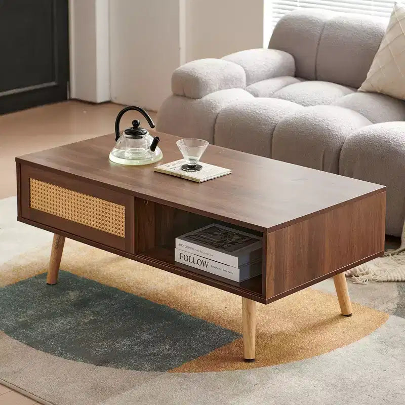 Tavolino in rattan da 41,34 pollici, anta scorrevole per riporre oggetti, gambe in legno massello, tavolo moderno per soggiorno, noce