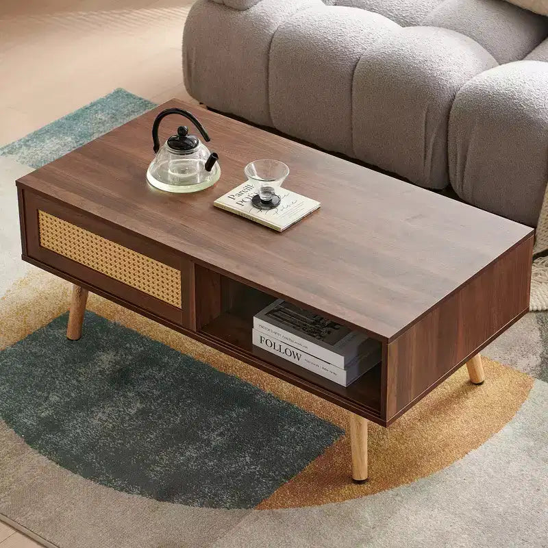 Tavolino in rattan da 41,34 pollici, anta scorrevole per riporre oggetti, gambe in legno massello, tavolo moderno per soggiorno, noce