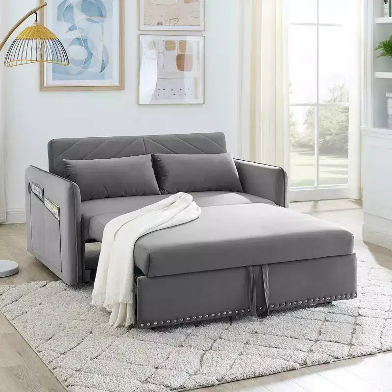 Divano Letto, Velluto, Porta USB, Divano Estraibile con 2 Tasche Laterali e 2 Cuscini per Soggiorno Camera da Letto Piccoli Spazi