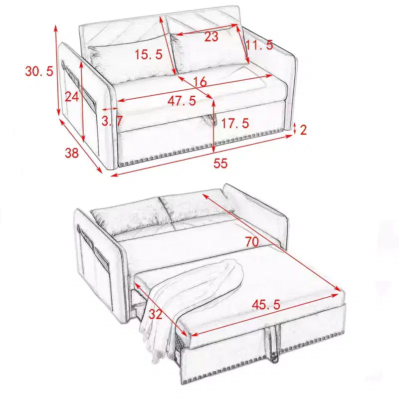Divano Letto, Velluto, Porta USB, Divano Estraibile con 2 Tasche Laterali e 2 Cuscini per Soggiorno Camera da Letto Piccoli Spazi