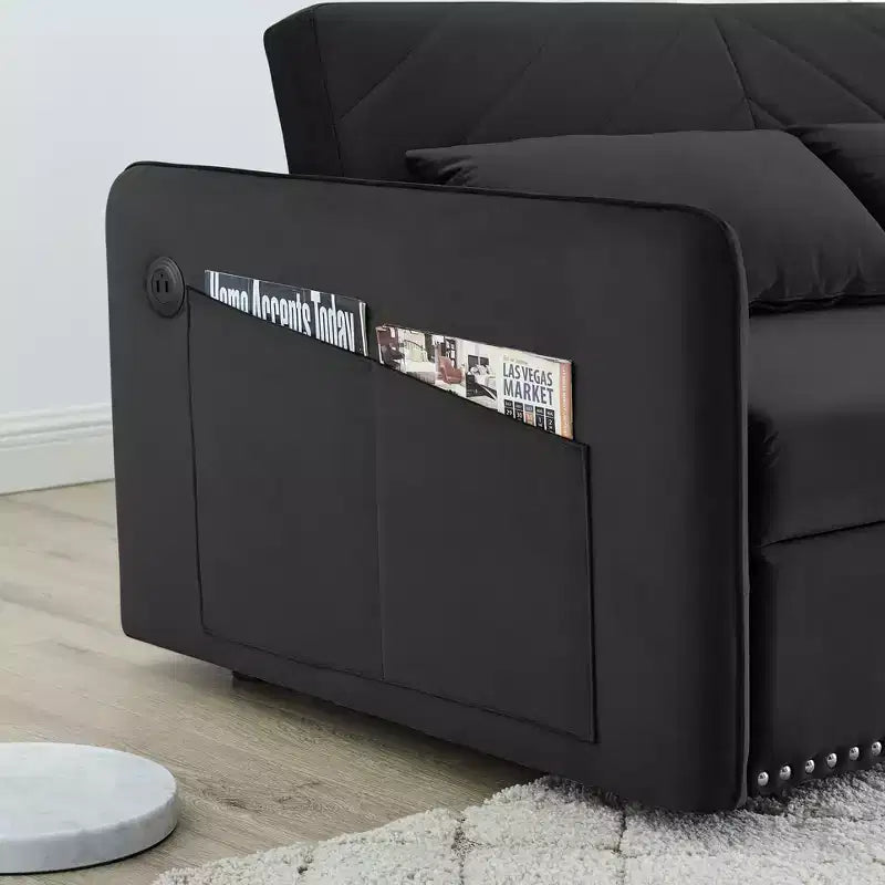 Divano Letto, Velluto, Porta USB, Divano Estraibile con 2 Tasche Laterali e 2 Cuscini per Soggiorno Camera da Letto Piccoli Spazi