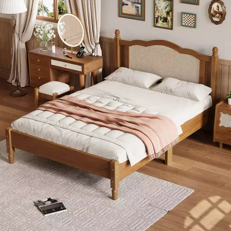 Brenda Letto a Piattaforma in Legno Vintage con Testiera in Rattan Naturale