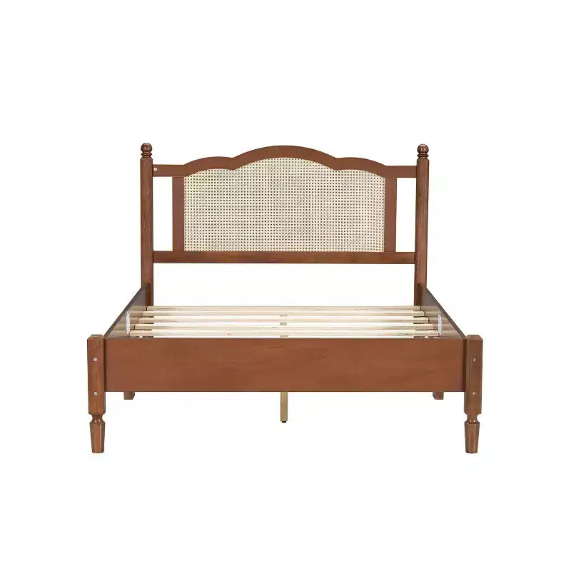 Brenda Letto a Piattaforma in Legno Vintage con Testiera in Rattan Naturale