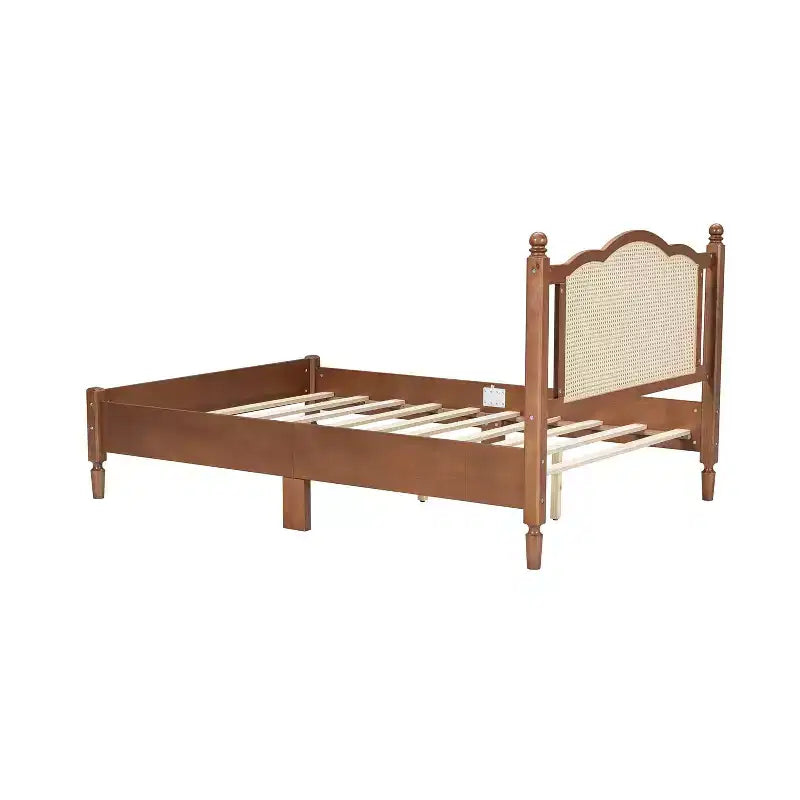 Brenda Letto a Piattaforma in Legno Vintage con Testiera in Rattan Naturale