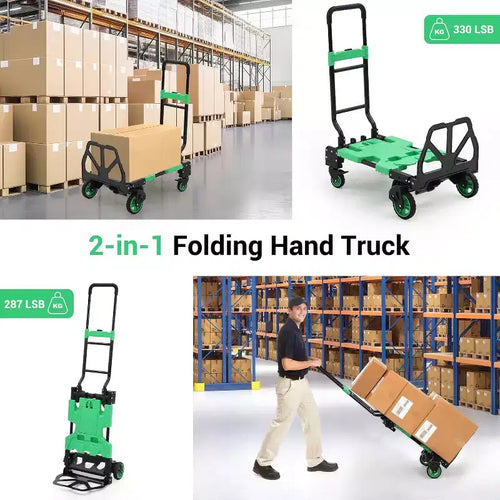 Carrello a mano 2 in 1 pieghevole con cesto collassabile, maniglia retrattile, capacità 150 kg, carrello piatto portatile per shopping, trasporto bagagli
