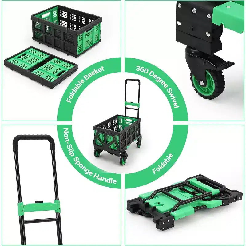 Carrello a mano 2 in 1 pieghevole con cesto collassabile, maniglia retrattile, capacità 150 kg, carrello piatto portatile per shopping, trasporto bagagli