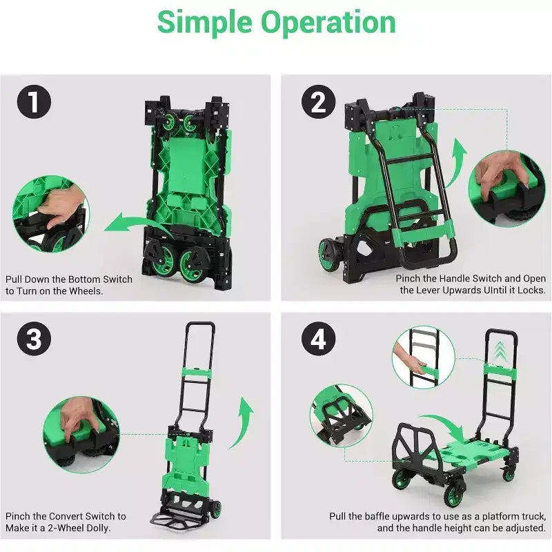 Carrello a mano 2 in 1 pieghevole con cesto collassabile, maniglia retrattile, capacità 150 kg, carrello piatto portatile per shopping, trasporto bagagli