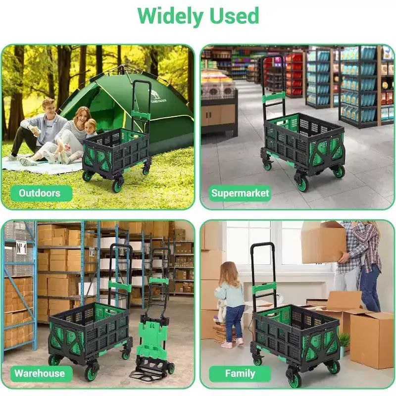 Carrello a mano 2 in 1 pieghevole con cesto collassabile, maniglia retrattile, capacità 150 kg, carrello piatto portatile per shopping, trasporto bagagli