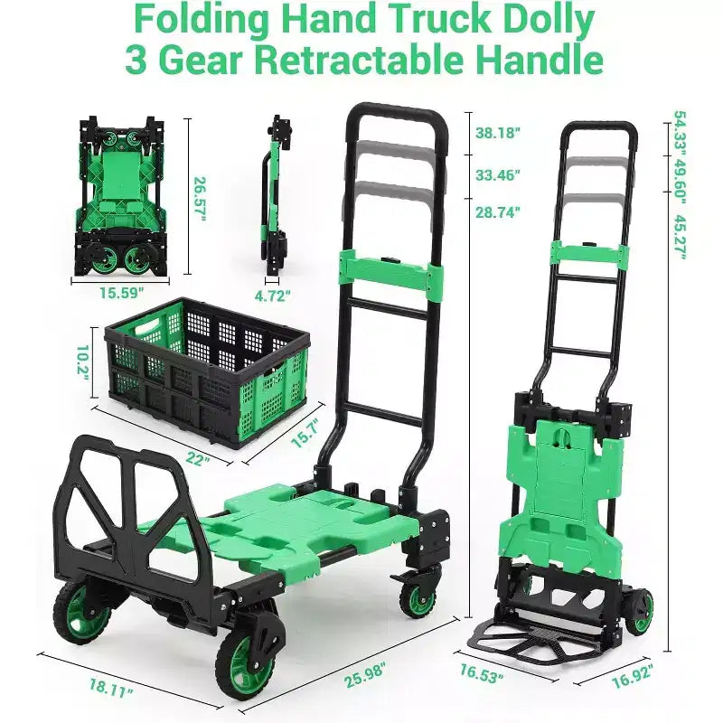 Carrello a mano 2 in 1 pieghevole con cesto collassabile, maniglia retrattile, capacità 150 kg, carrello piatto portatile per shopping, trasporto bagagli