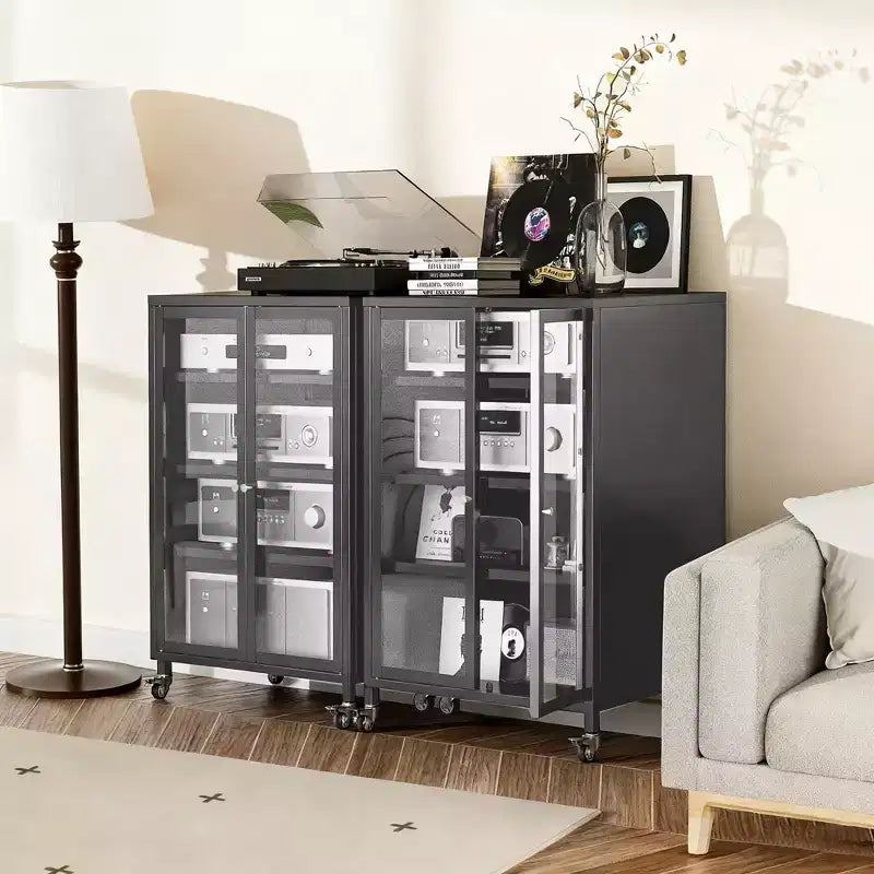 Mobile Contenitore Multimediale da 35,8 pollici, Supporto TV Stereo AV con 4 Ripiani Regolabili in Vetro e Ante, Robusto Telaio in Acciaio per Soggiorno, Nero