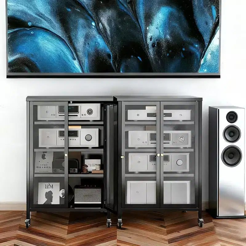 Mobile Contenitore Multimediale da 35,8 pollici, Supporto TV Stereo AV con 4 Ripiani Regolabili in Vetro e Ante, Robusto Telaio in Acciaio per Soggiorno, Nero