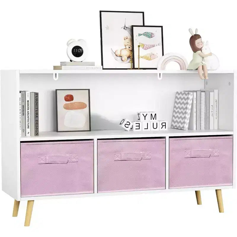 Kids Bookcase with Foldable Fabric Drawers, Wooden Material, Pink, for VC Account, Children's Room