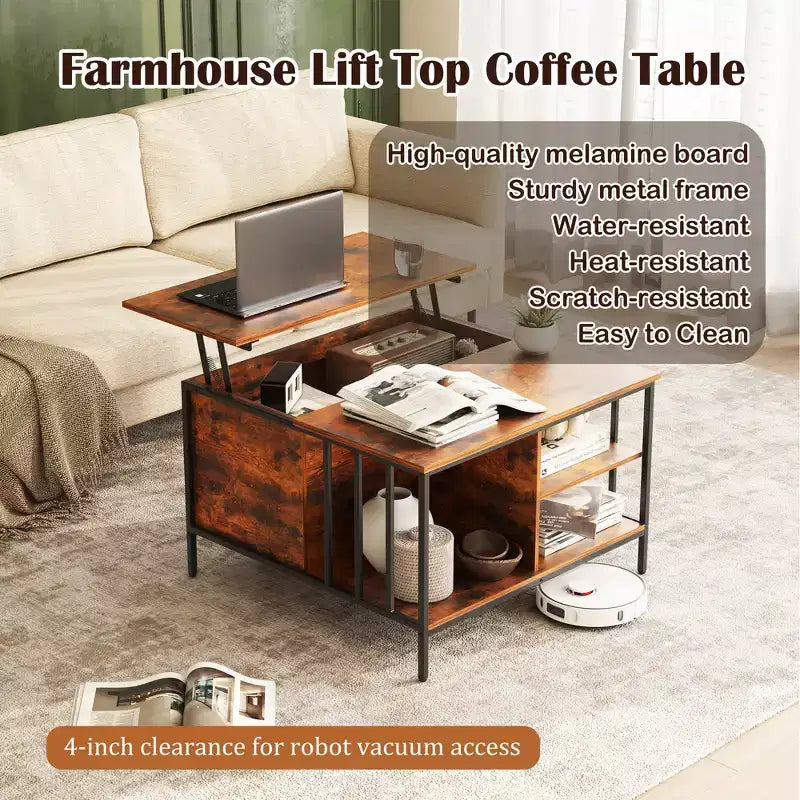 Tavolino da caffè in stile rustico con piano sollevabile da 31,5 pollici Tavolino da soggiorno ad altezza regolabile Tavolino multifunzionale con vano portaoggetti nascosto