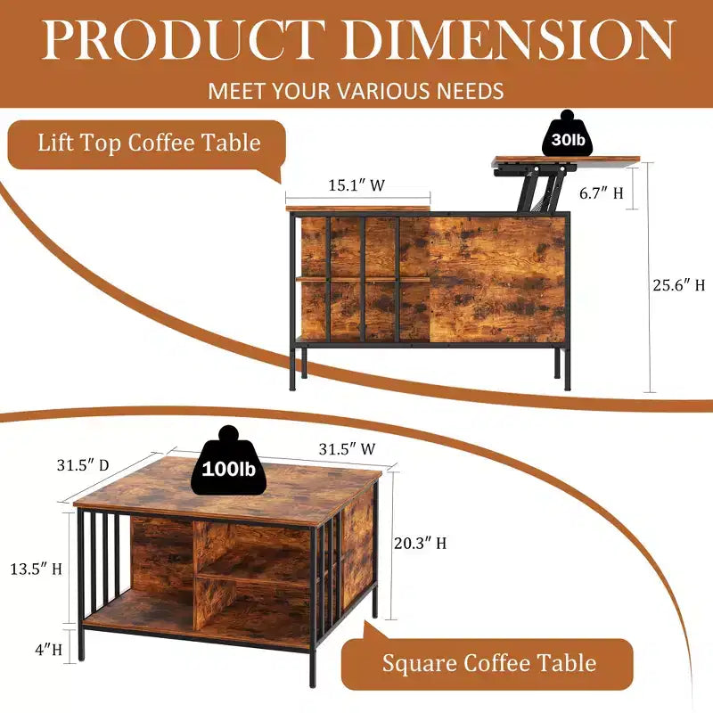Tavolino da caffè in stile rustico con piano sollevabile da 31,5 pollici Tavolino da soggiorno ad altezza regolabile Tavolino multifunzionale con vano portaoggetti nascosto