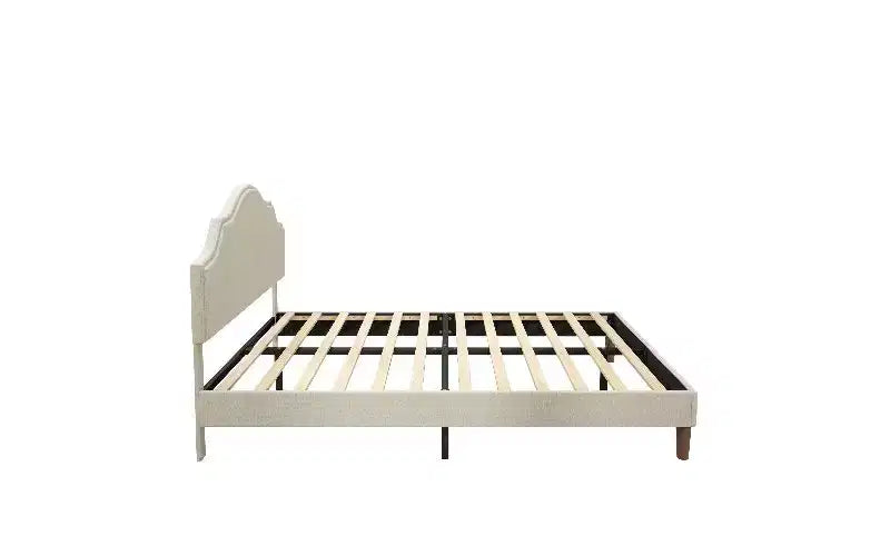 Letto moderno queen-size con testiera e pediera in lino, struttura del letto a piattaforma regolabile in altezza, nessun box spring necessario