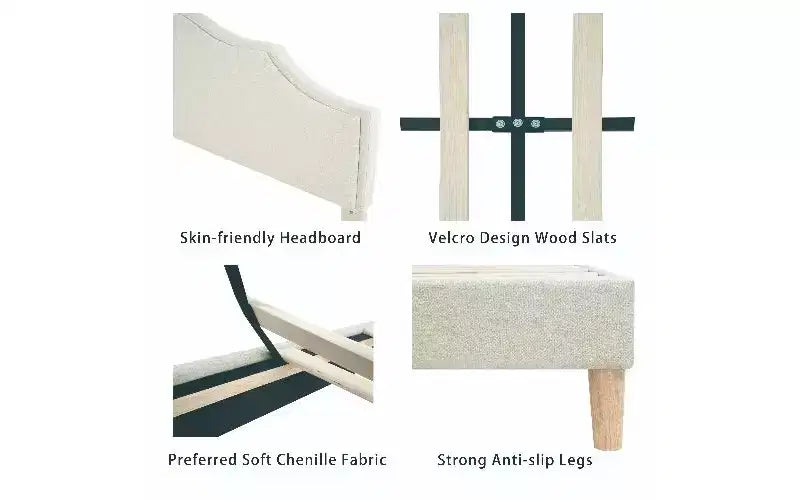 Letto moderno queen-size con testiera e pediera in lino, struttura del letto a piattaforma regolabile in altezza, nessun box spring necessario