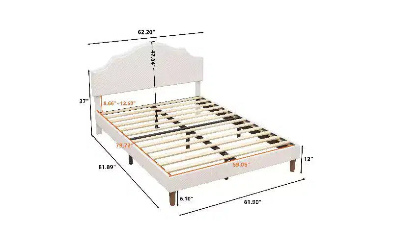 Letto moderno queen-size con testiera e pediera in lino, struttura del letto a piattaforma regolabile in altezza, nessun box spring necessario