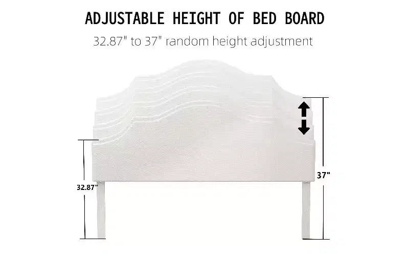 Letto moderno queen-size con testiera e pediera in lino, struttura del letto a piattaforma regolabile in altezza, nessun box spring necessario