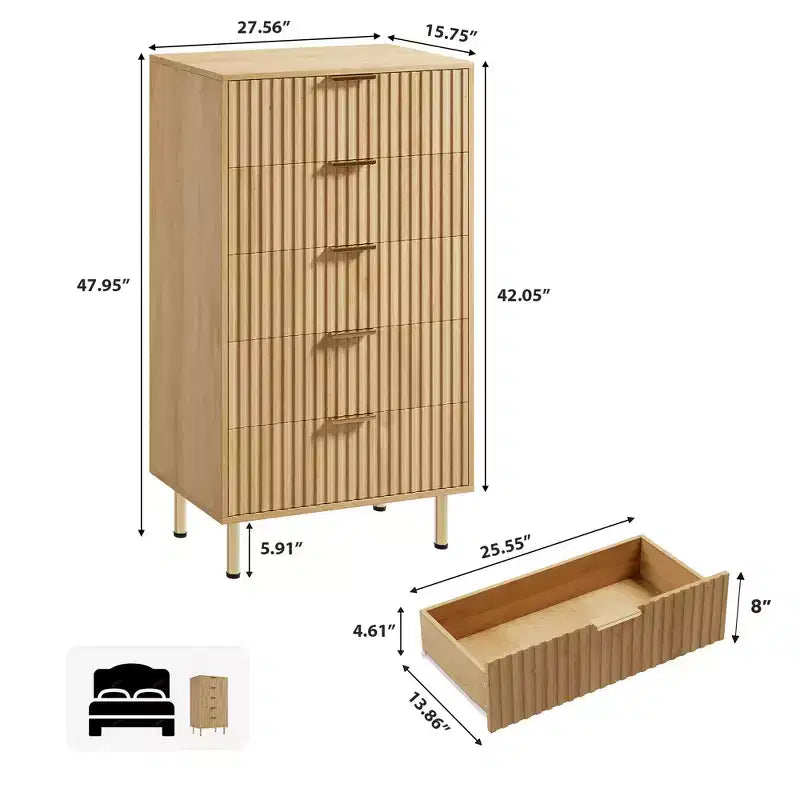 Cassettiera a 5 cassetti per camera da letto, comò moderno alto 122 cm con cassetti profondi e piano ampio, organizer in legno scanalato per soggiorno
