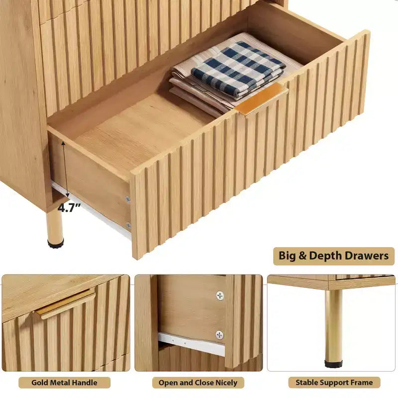 Cassettiera a 5 cassetti per camera da letto, comò moderno alto 122 cm con cassetti profondi e piano ampio, organizer in legno scanalato per soggiorno