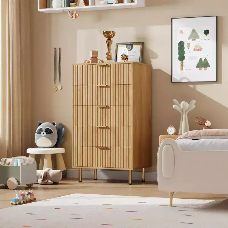 Cassettiera a 5 cassetti per camera da letto, comò moderno alto 122 cm con cassetti profondi e piano ampio, organizer in legno scanalato per soggiorno