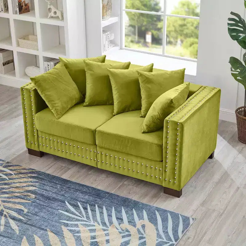 60.5 Moderno Divanetto a Due Posti con Borchie Argentate Braccioli Quadrati in Velluto Imbottito per Soggiorno Verde