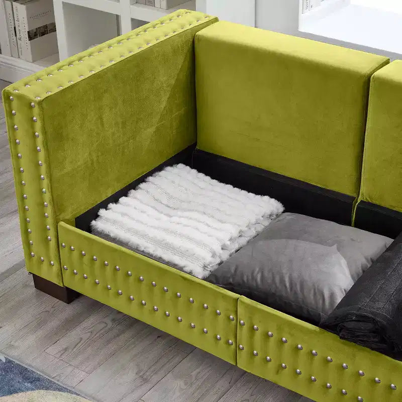 60.5 Moderno Divanetto a Due Posti con Borchie Argentate Braccioli Quadrati in Velluto Imbottito per Soggiorno Verde
