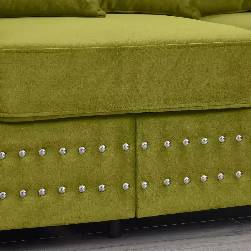 60.5 Moderno Divanetto a Due Posti con Borchie Argentate Braccioli Quadrati in Velluto Imbottito per Soggiorno Verde