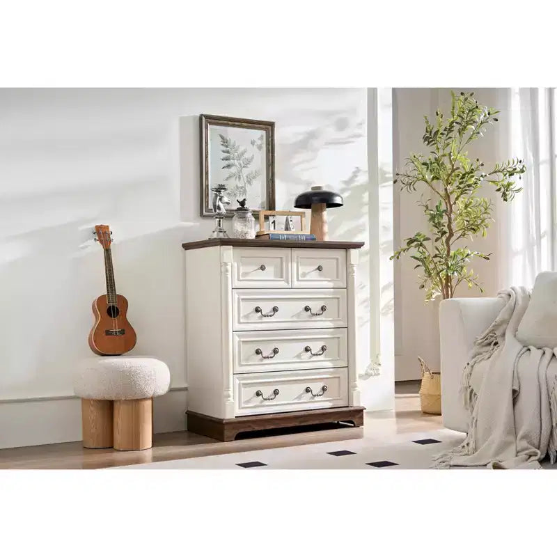 Cassettiera, comò a 5 cassetti stile rustico, comodino rustico in legno di grande capacità per ufficio, soggiorno, camera da letto