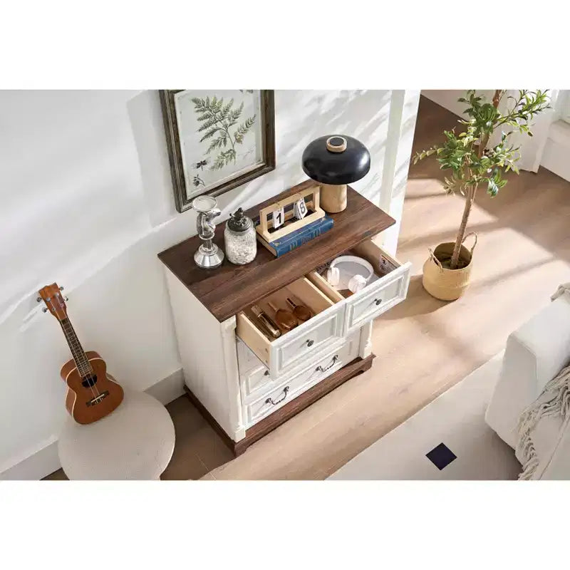 Cassettiera, comò a 5 cassetti stile rustico, comodino rustico in legno di grande capacità per ufficio, soggiorno, camera da letto