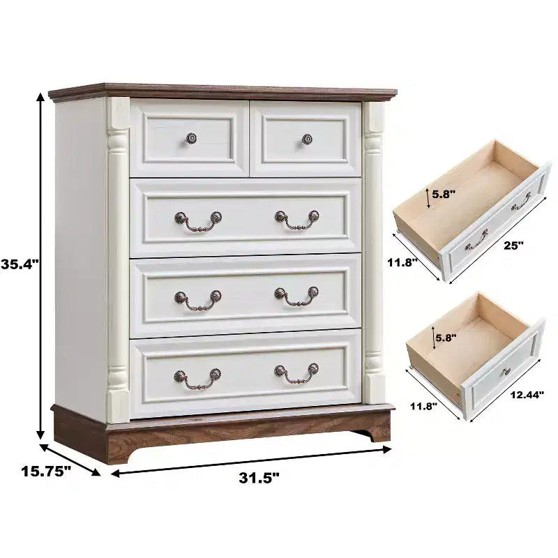 Cassettiera, comò a 5 cassetti stile rustico, comodino rustico in legno di grande capacità per ufficio, soggiorno, camera da letto