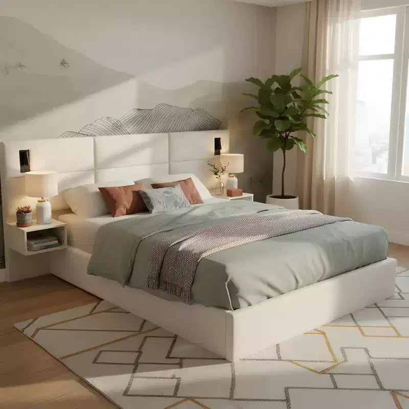 Letto imbottito con piattaforma in ciniglia legno Lili con testiera e lampada da lettura