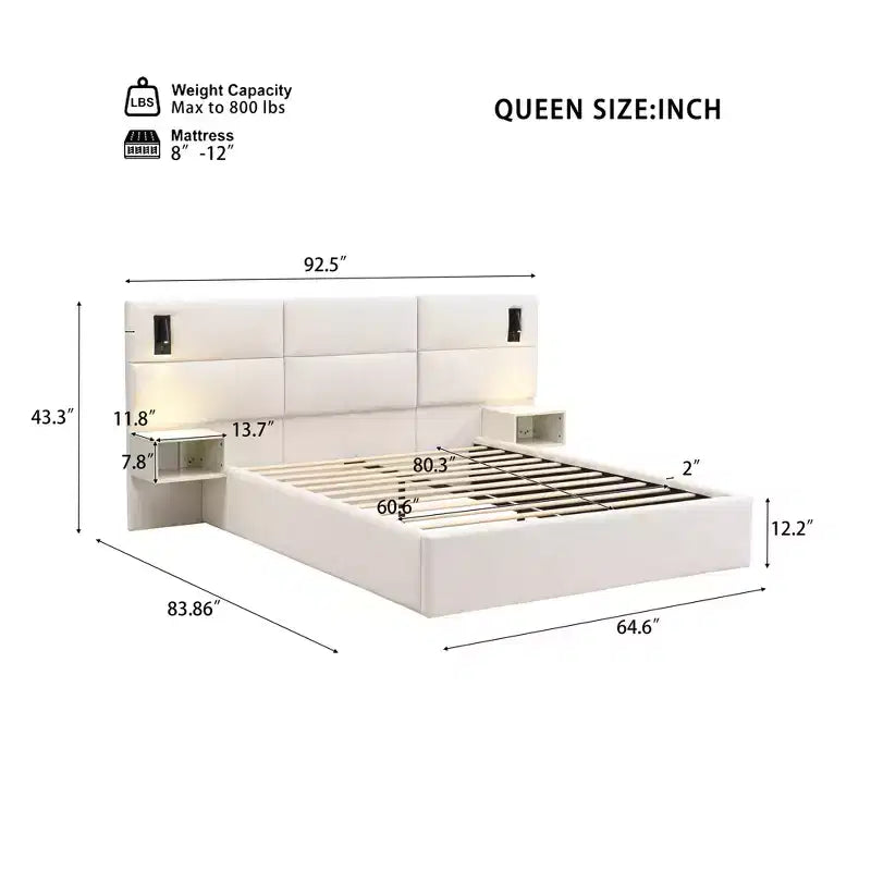 Letto imbottito con piattaforma in ciniglia legno Lili con testiera e lampada da lettura