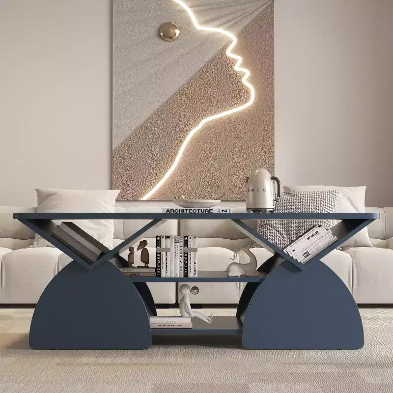 Tavolino Rettangolare, Rettangolare Arrotondato, Ripiani Aperti, Facile Montaggio, Struttura Robusta, Design Geometrico Moderno per Soggiorni e Sale Ricevimento