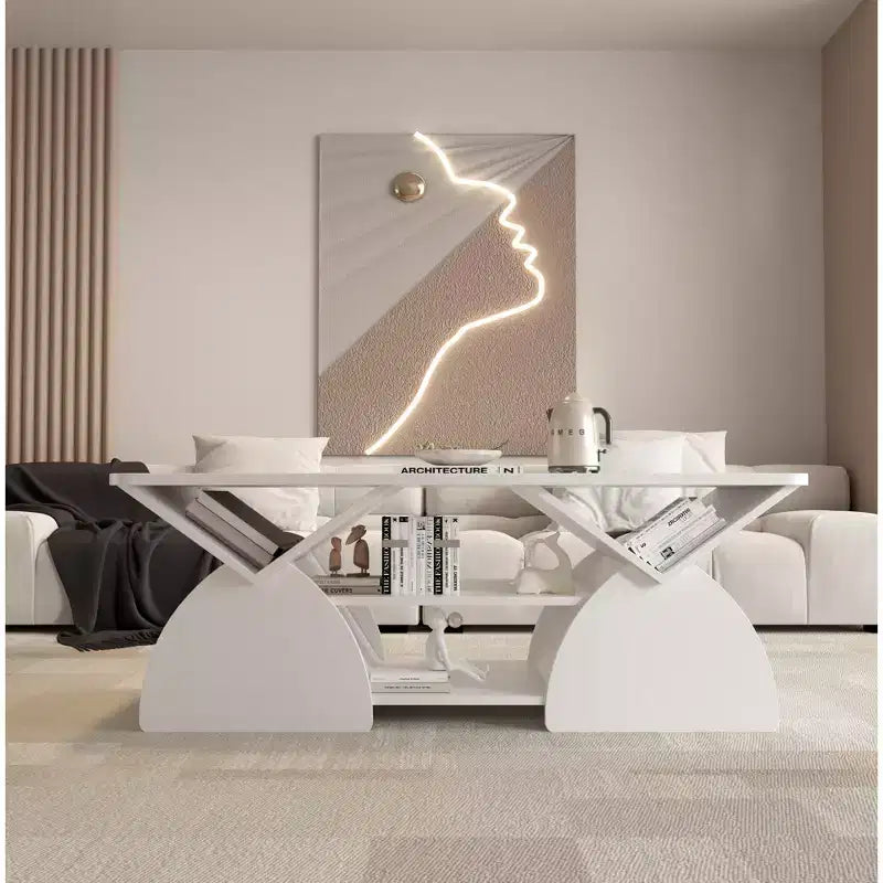 Tavolino Rettangolare, Rettangolare Arrotondato, Ripiani Aperti, Facile Montaggio, Struttura Robusta, Design Geometrico Moderno per Soggiorni e Sale Ricevimento