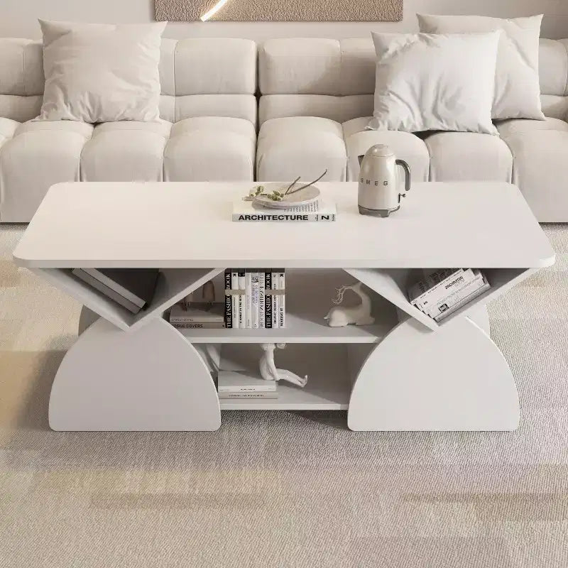 Tavolino Rettangolare, Rettangolare Arrotondato, Ripiani Aperti, Facile Montaggio, Struttura Robusta, Design Geometrico Moderno per Soggiorni e Sale Ricevimento