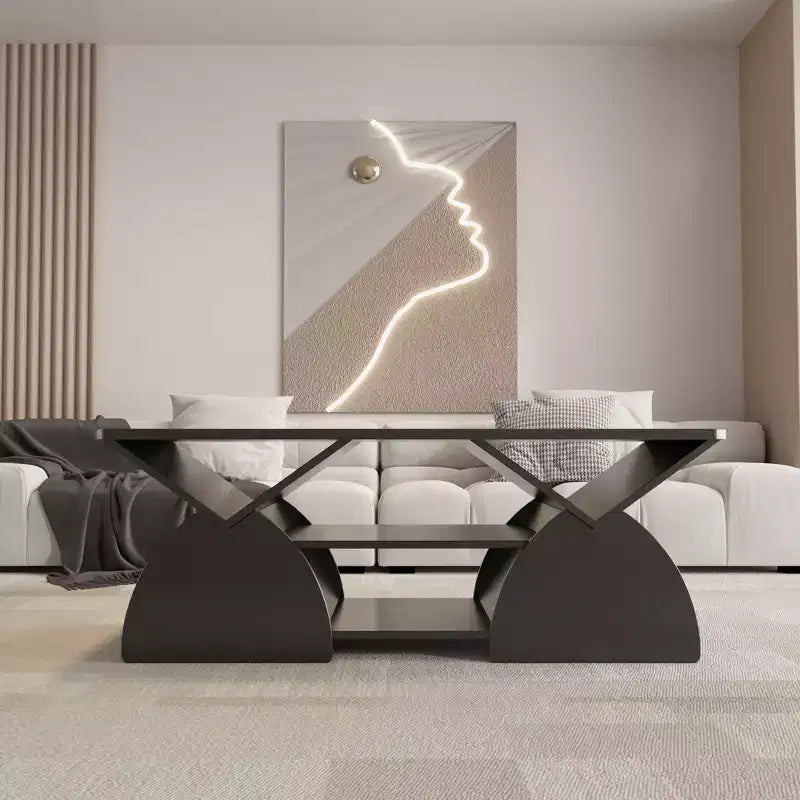 Tavolino Rettangolare, Rettangolare Arrotondato, Ripiani Aperti, Facile Montaggio, Struttura Robusta, Design Geometrico Moderno per Soggiorni e Sale Ricevimento