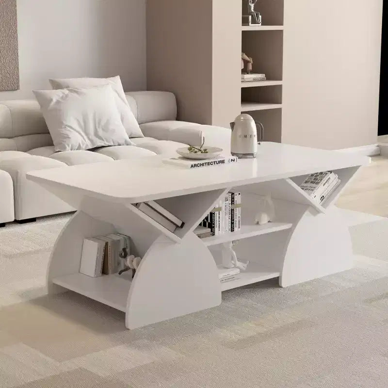 Tavolino Rettangolare, Rettangolare Arrotondato, Ripiani Aperti, Facile Montaggio, Struttura Robusta, Design Geometrico Moderno per Soggiorni e Sale Ricevimento