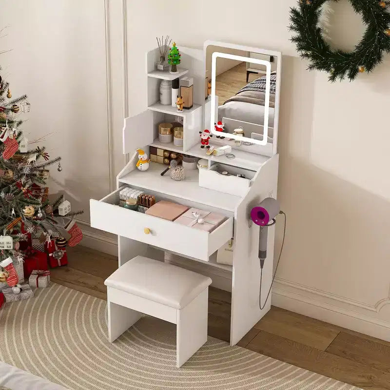 Toeletta Compatta con Specchio Regolabile a 3 Colori, Tavolo da Trucco con 2 Cassetti e 5 Ripiani, Mobile Trucco con Sgabello per Camera da Letto, Bianco