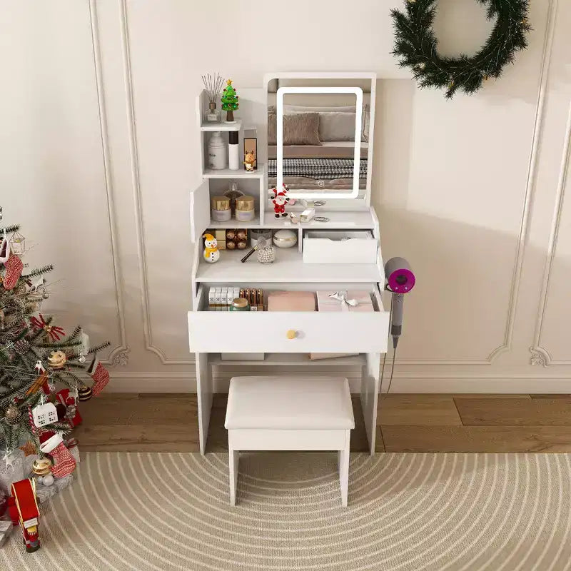 Toeletta Compatta con Specchio Regolabile a 3 Colori, Tavolo da Trucco con 2 Cassetti e 5 Ripiani, Mobile Trucco con Sgabello per Camera da Letto, Bianco