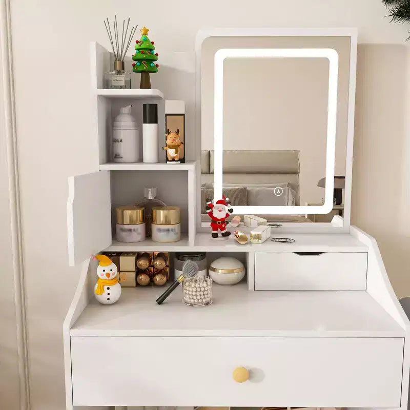 Toeletta Compatta con Specchio Regolabile a 3 Colori, Tavolo da Trucco con 2 Cassetti e 5 Ripiani, Mobile Trucco con Sgabello per Camera da Letto, Bianco