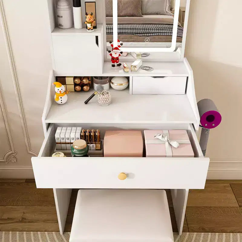 Toeletta Compatta con Specchio Regolabile a 3 Colori, Tavolo da Trucco con 2 Cassetti e 5 Ripiani, Mobile Trucco con Sgabello per Camera da Letto, Bianco