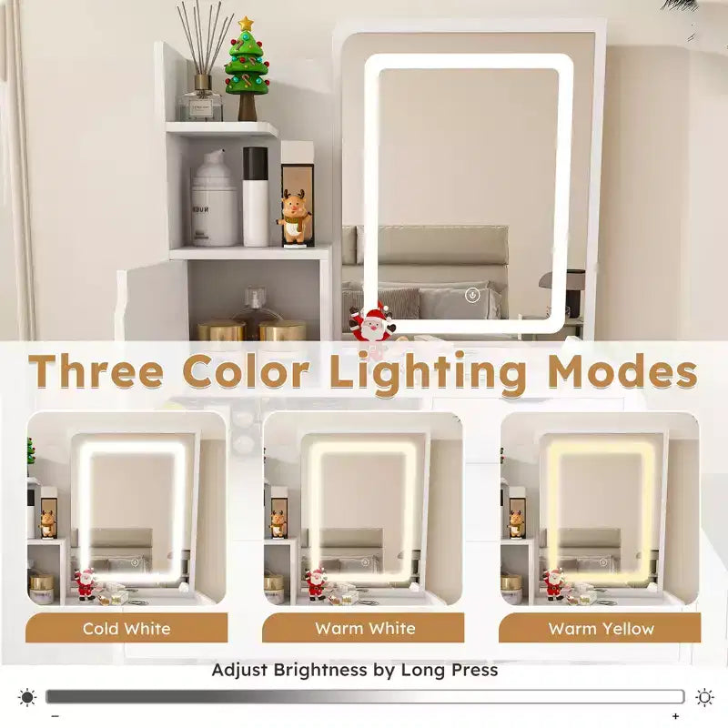 Toeletta Compatta con Specchio Regolabile a 3 Colori, Tavolo da Trucco con 2 Cassetti e 5 Ripiani, Mobile Trucco con Sgabello per Camera da Letto, Bianco