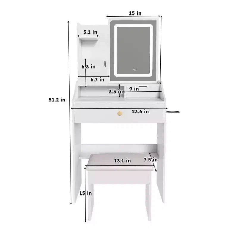 Toeletta Compatta con Specchio Regolabile a 3 Colori, Tavolo da Trucco con 2 Cassetti e 5 Ripiani, Mobile Trucco con Sgabello per Camera da Letto, Bianco