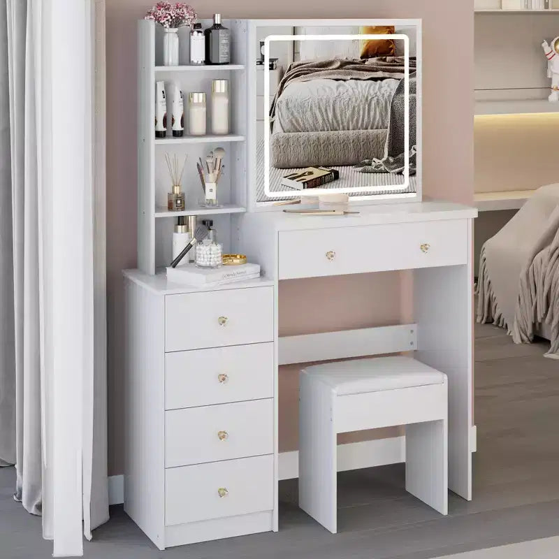 Toeletta da 94 cm con sgabello imbottito e grande specchio scorrevole, mobile trucco con contenitori ad alta capacità, tavolo da toeletta per la casa, bianco