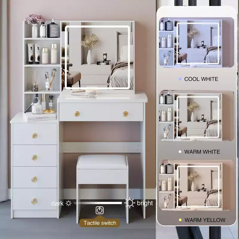 Toeletta da 94 cm con sgabello imbottito e grande specchio scorrevole, mobile trucco con contenitori ad alta capacità, tavolo da toeletta per la casa, bianco