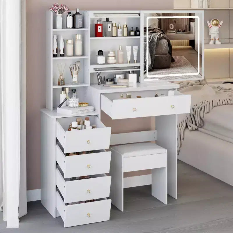 Toeletta da 94 cm con sgabello imbottito e grande specchio scorrevole, mobile trucco con contenitori ad alta capacità, tavolo da toeletta per la casa, bianco