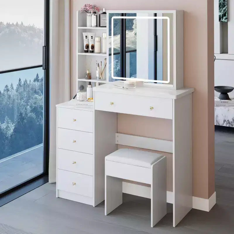 Toeletta da 94 cm con sgabello imbottito e grande specchio scorrevole, mobile trucco con contenitori ad alta capacità, tavolo da toeletta per la casa, bianco