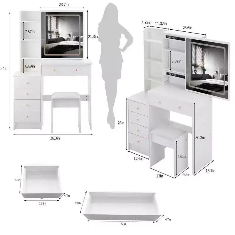 Toeletta da 94 cm con sgabello imbottito e grande specchio scorrevole, mobile trucco con contenitori ad alta capacità, tavolo da toeletta per la casa, bianco